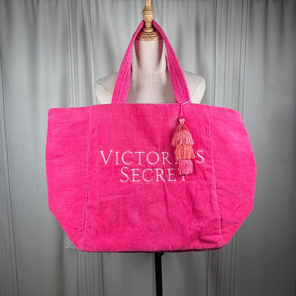 Victoria's Secret Hot Pink Terry Cloth Tote • Y2K Aesthetic Boho Tassel